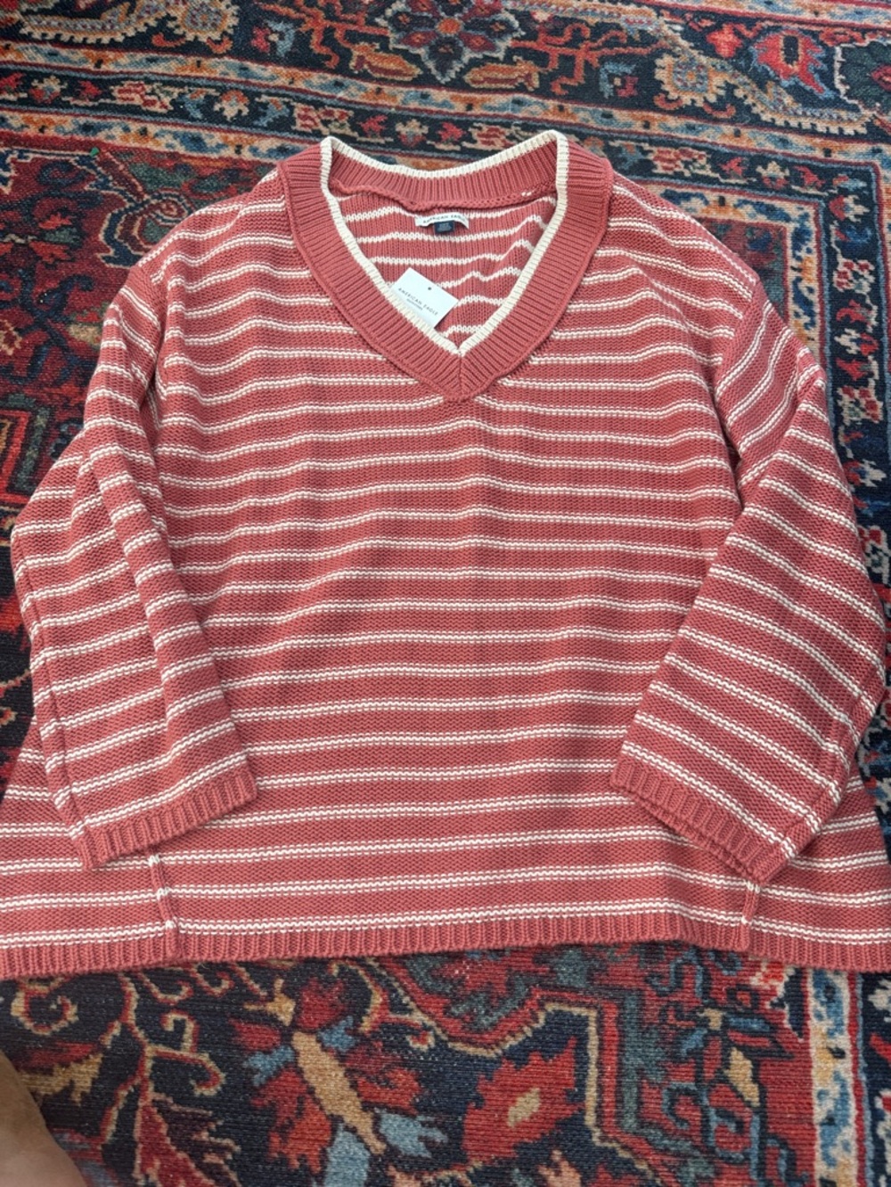 American Eagle Outfitters Coral and Cream Striped Oversized Sweater